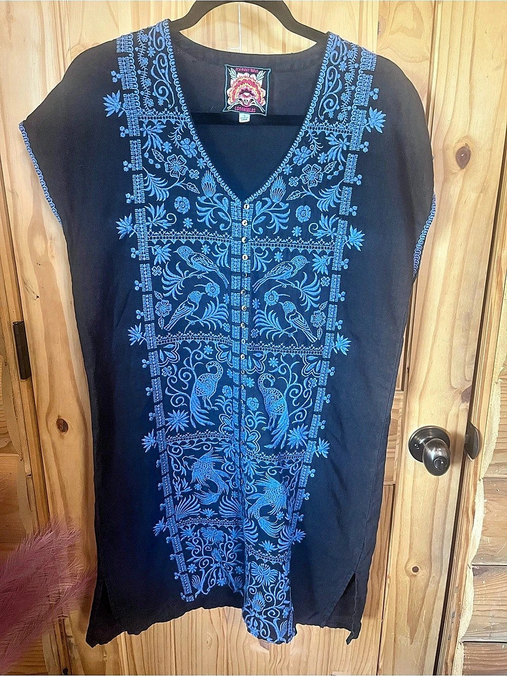 Johnny Was Linen Embroidered Birds Floral Tunic Mini Dress in Black & Blue Size